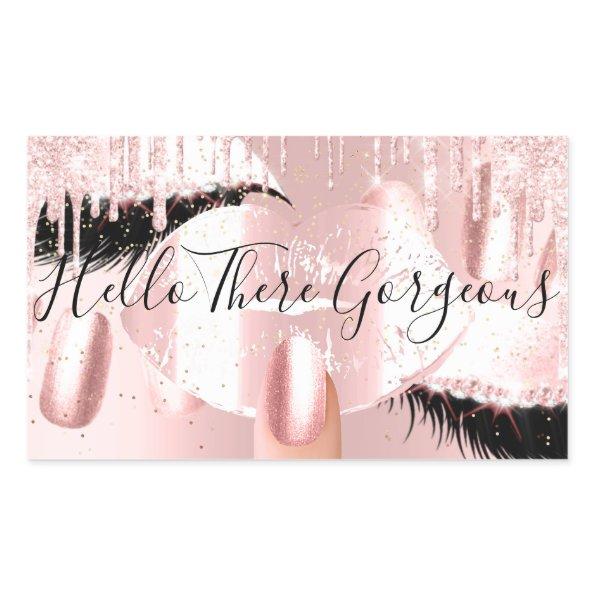 Nails Eyelashes Makeup Pink Drips Hello Gorgeous Rectangular Sticker