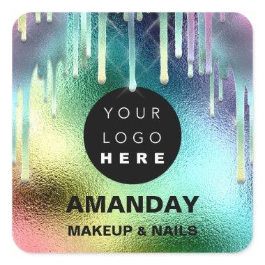Nails Makeup Artist Holographic Logo Drips Blue Pi Square Sticker