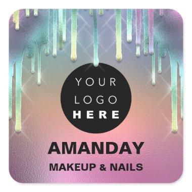 Nails Makeup Artist Holographic Logo Drips Rose Square Sticker