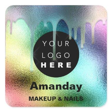 Nails Makeup Artist Rose Pink Holographic Logo Square Sticker