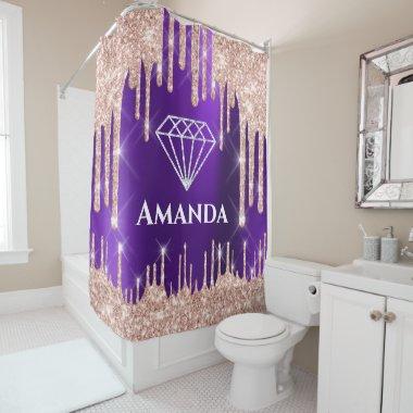 Name Bridal Glitter Drips Rose Violet Diamond Shower Curtain