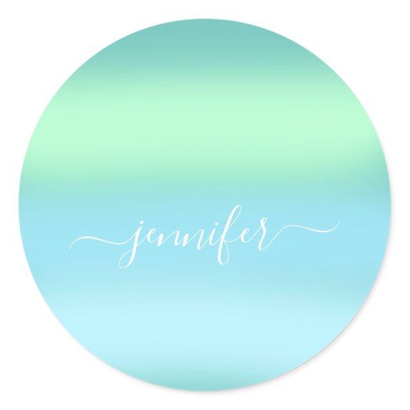 Name Bridal OMBRE. Thank Blue Green Classic Round Sticker