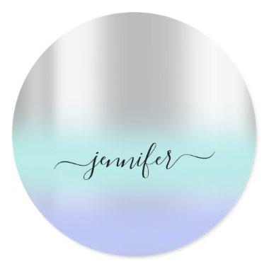 Name Bridal OMBRE. Thank Blue Ocean Silver Gray Classic Round Sticker
