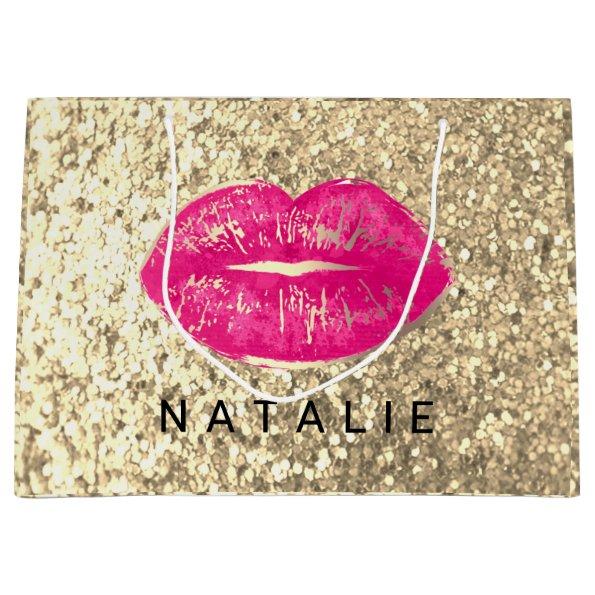 Name Bridal Pink Kiss Lips Glitter Champagne Gold Large Gift Bag