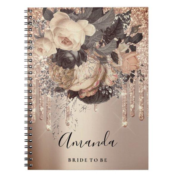 Name Bridal Shower Drips Rose Silver Gold Roses Notebook