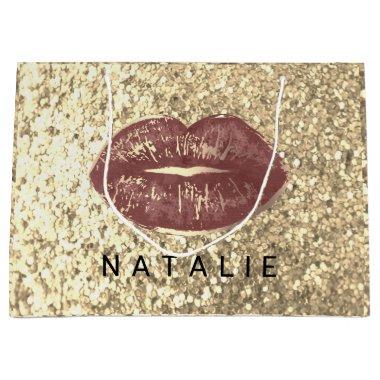 Name Bride Brown Kiss Lips Glitter Champagne Gold Large Gift Bag