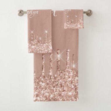 Name Elegant Glitter Drips Pink Rose Blush Bath Towel Set