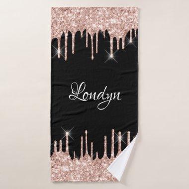 Name Elegant Glitter Drips Pink Rose Gold Black Bath Towel