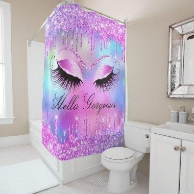 Name Eyelashes Bridal Makeup Pink Drips Holograph Shower Curtain