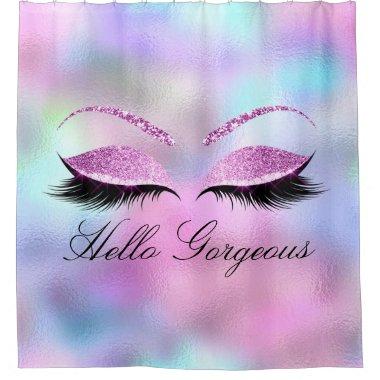 Name Eyelashes Girly Makeup Pink Holographic Glam Shower Curtain