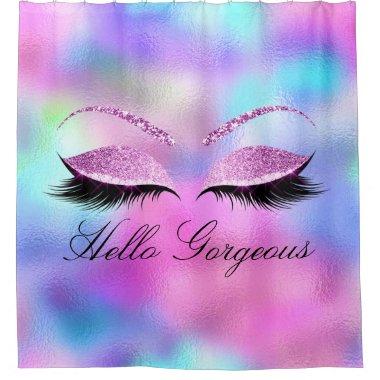 Name Eyelashes Girly Makeup Pink Holographic Shower Curtain