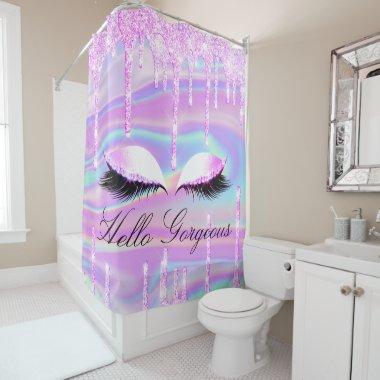 Name Eyelashes Makeup Girly Princes Drip Holograph Shower Curtain