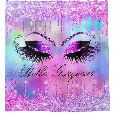 Name Eyelashes Makeup Pink Girly Drip Holograph Shower Curtain