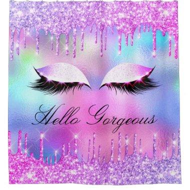 Name Eyelashes Makeup Pink Girly Drip Holographic Shower Curtain