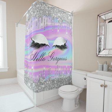 Name Eyelashes Makeup Silver Girly Drips Holograph Shower Curtain