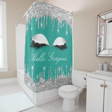 Name Eyelashes Makeup Silver Green Girly Drips Shower Curtain