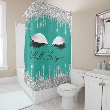 Name Eyelashes Makeup Silver Mint Girly Drips  Shower Curtain
