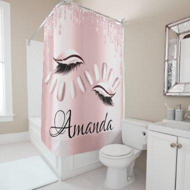 Name Lashes Glitter Drips Pink Rose Girly Nails Shower Curtain
