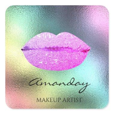 Name Makeup Artist Rose Lips Pink Holographic Square Sticker
