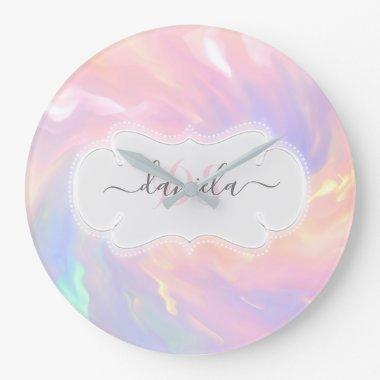 Name Monogram Princess Holographic Pink Large Clock