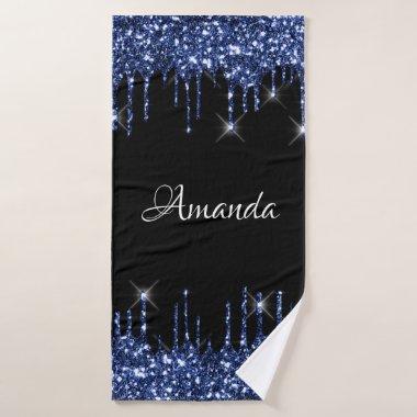 Name Sparkly Glitter Drips Black Blue Navy Bath Towel