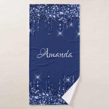 Name Sparkly Glitter Drips Glam Blue Navy Bath Towel