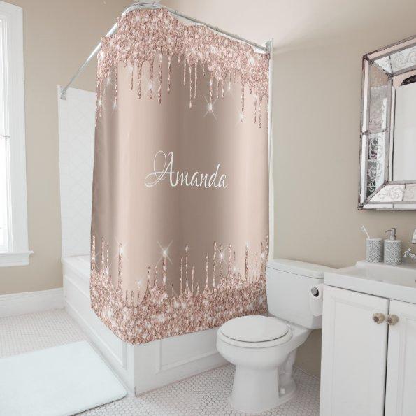 Name Sparkly Glitter Drips Pink Rose Blush Bridal Shower Curtain