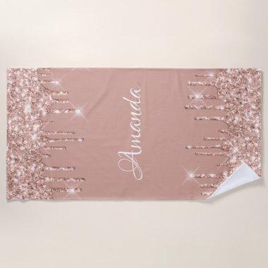 Name Sparkly Glitter Drips Pink Rose Elegant Beach Towel