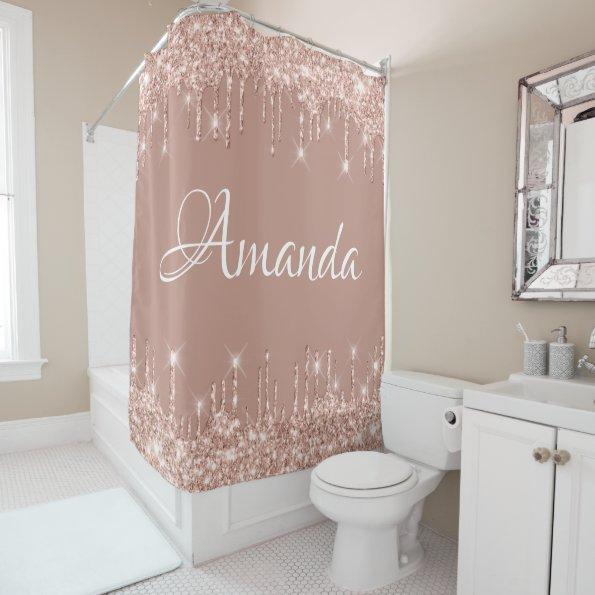 Name Sparkly Glitter Drips Pink Rose Girly Blush Shower Curtain