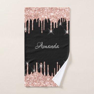 Name Sparkly Glitter Drips Pink Rose Gold Black Ba Hand Towel