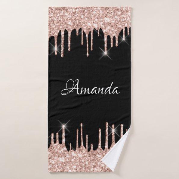 Name Sparkly Glitter Drips Pink Rose Gold Black Bath Towel