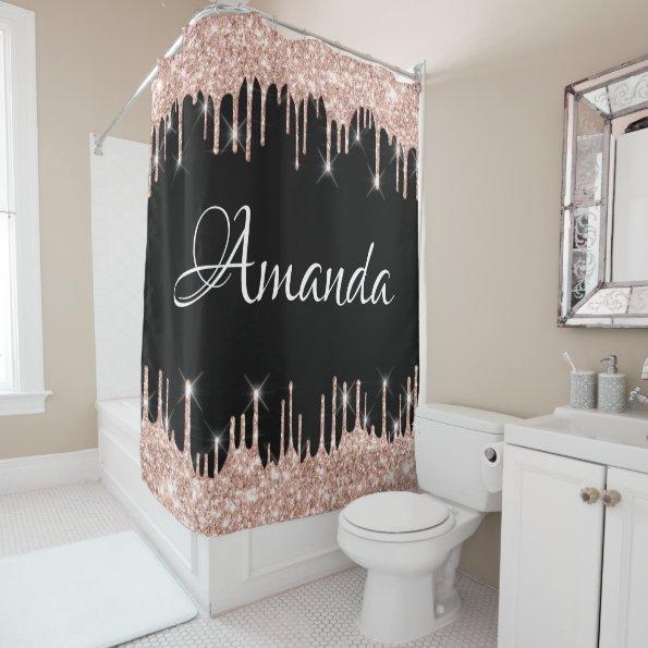 Name Sparkly Glitter Drips Pink Rose Gold Blush Shower Curtain