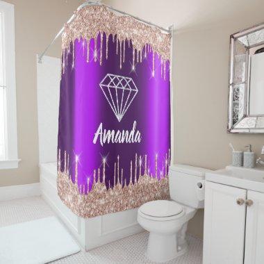 Name Sparkly Glitter Drips Pink Rose Purple Bride Shower Curtain