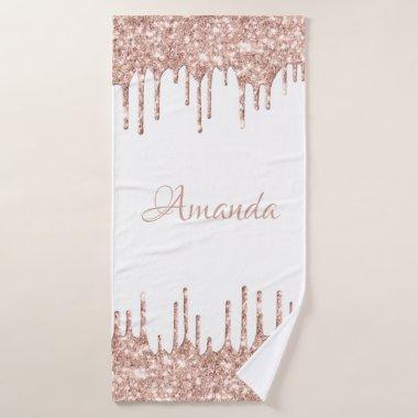 Name Sparkly Glitter Drips Pink Rose White Bath Towel