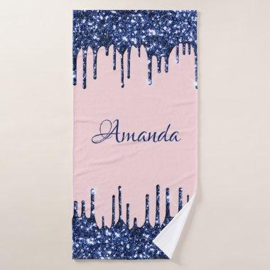 Name Sparkly Glitter Drips Rose Blue Navy Bath Towel