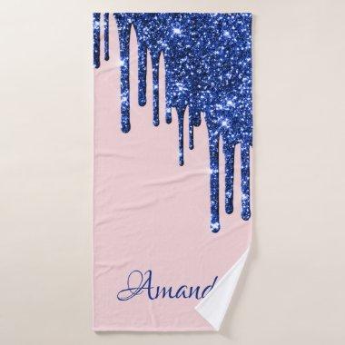 Name Sparkly Glitter Drips Rose Blue Navy Glam Bath Towel