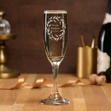 Name year etching etched floral wreath anniversary champagne flute
