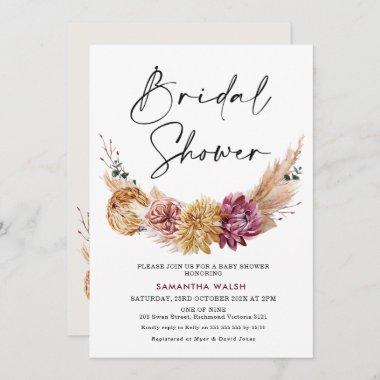 Natural Tones Plum Color Boho Floral Bridal Shower Invitations