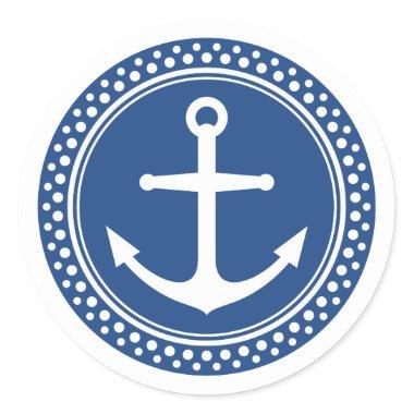 Nautical anchor, blue background with dot border classic round sticker