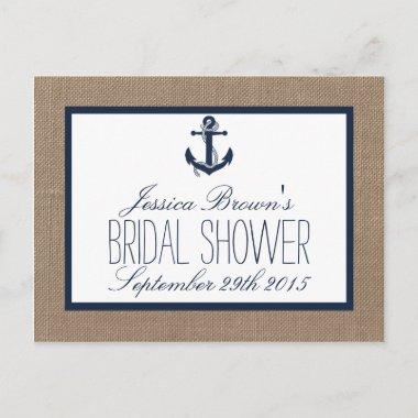Nautical Anchor Burlap Bridal Shower Recipe Invitations