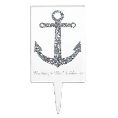 Nautical Anchor Glamour Silver Glitter Cake Topper