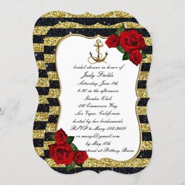 Nautical Anchor Gold Black Stripes Bridal Shower Invitations