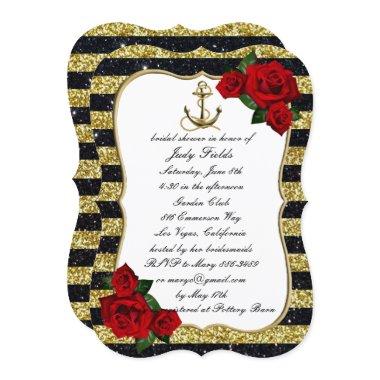 Nautical Anchor Gold Black Stripes Bridal Shower Invitations