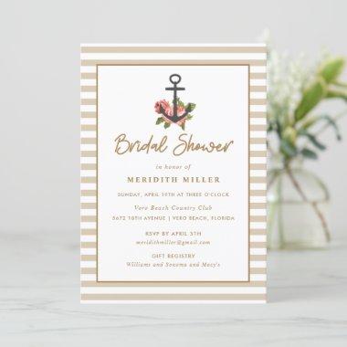 Nautical Anchor Gold Bridal Shower Party Invitations