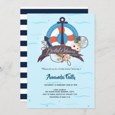 Nautical Anchor Navy Blue Floral Baby Shower Invitations