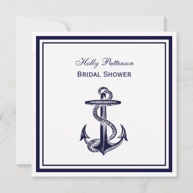 Nautical Anchor Navy Blue Framed 2SQ Bridal Shower Invitations