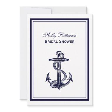 Nautical Anchor Navy Blue Framed 2V Bridal Shower Invitations