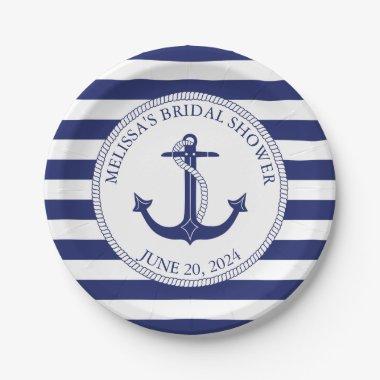Nautical Anchor Navy Blue Stripe  Paper Plates
