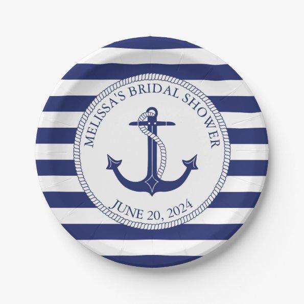 Nautical Anchor Navy Blue Stripe  Paper Plates