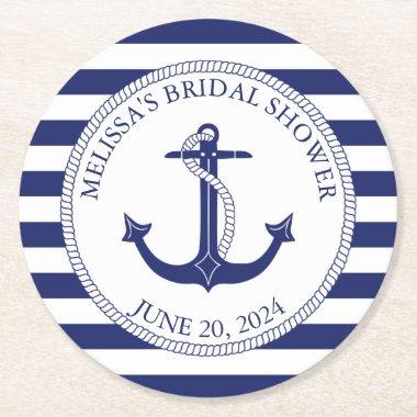 Nautical Anchor Navy Blue Stripe Bridal Shower Round Paper Coaster